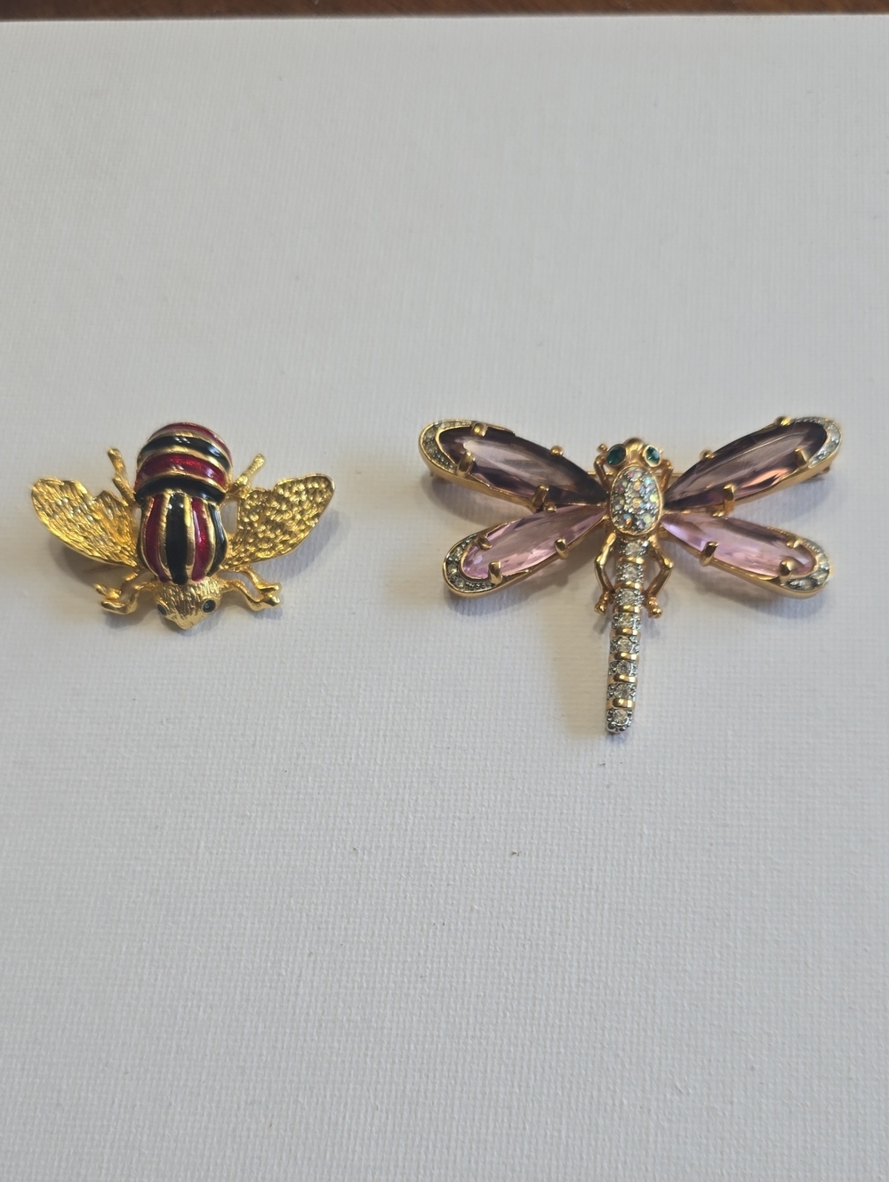 2 Piece Pink & Purple Crystal Dragonfly And Bee Brooch Lot